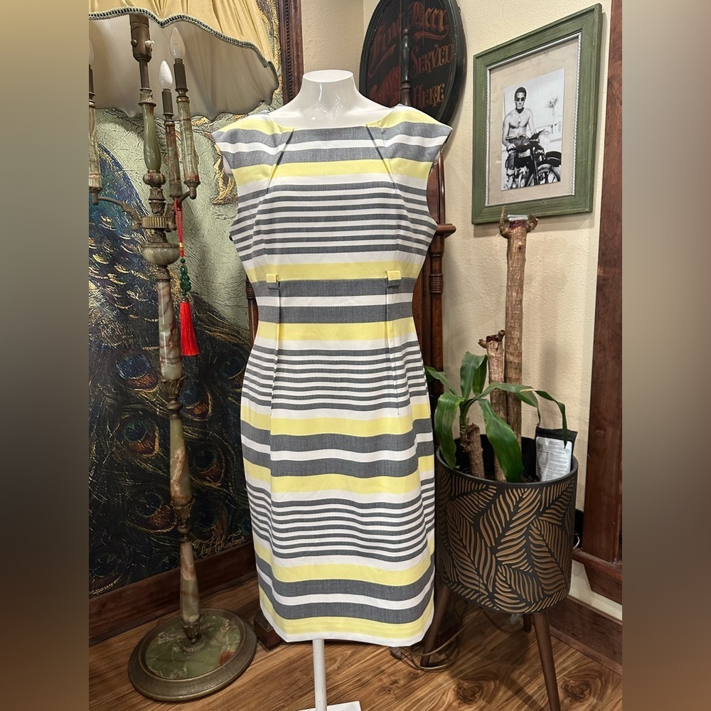 Calvin Klein Yellow and Gray Striped Midi Dress